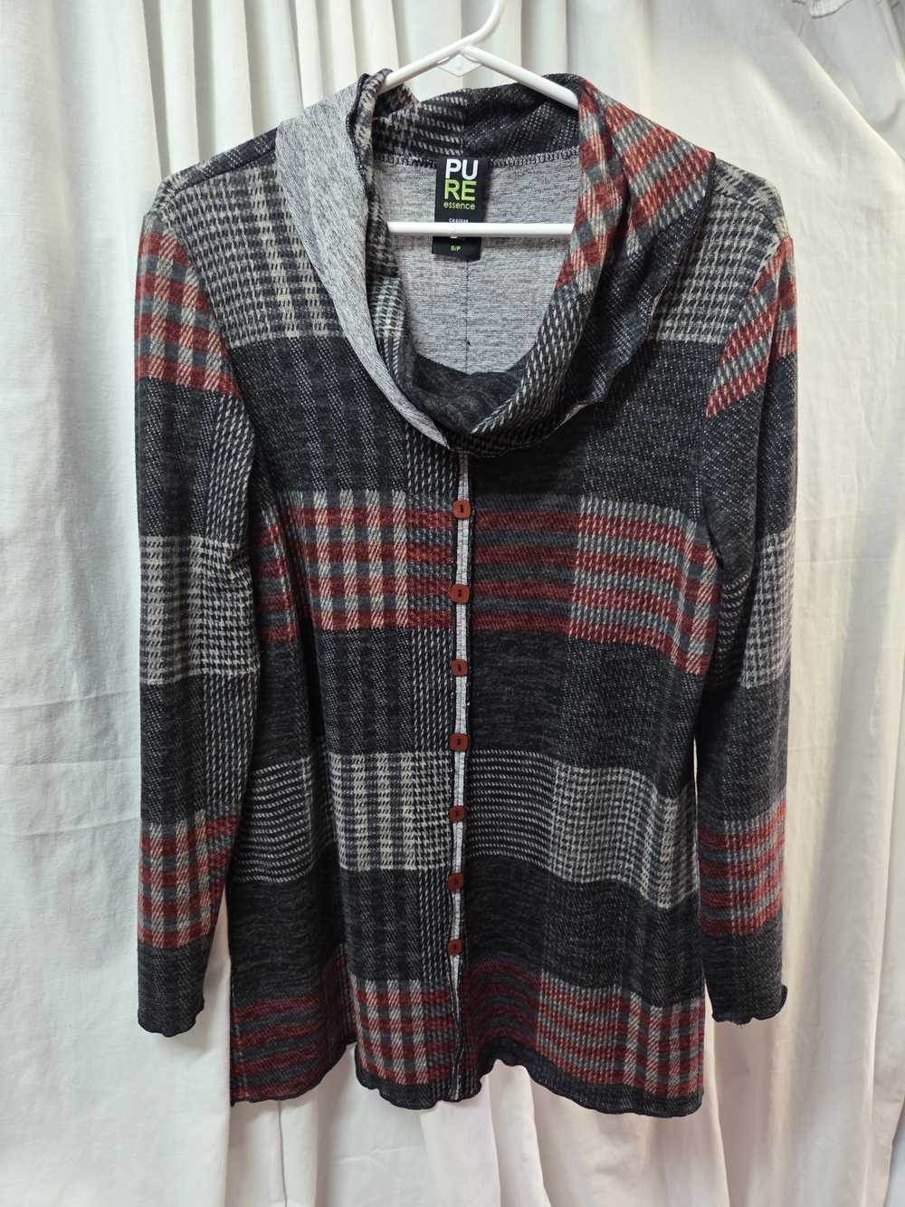 PURE Essence Women's Gray & Red Plaid Cowlneck Button-Front Sweater